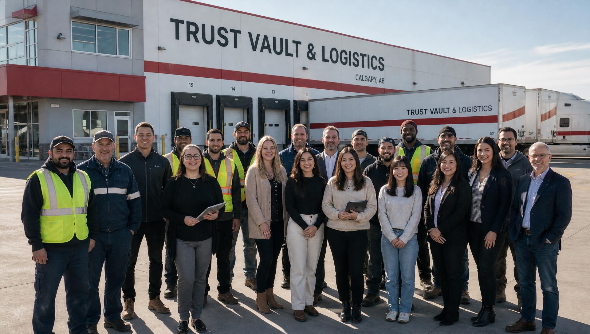 The Trust Vault and Logistics team gathered in front of the Calgary warehouse